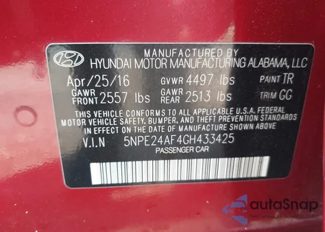 2016 Hyundai Sonata Se from USA, damaged, VIN 5NPE24AF4GH433425